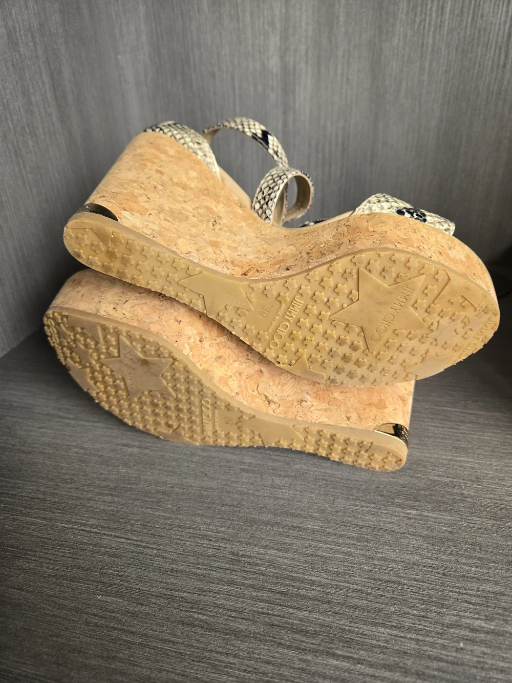 Jimmy Choo Snake-Print Cork Wedge Sandals in Black and Cream - Picture 2 of 5